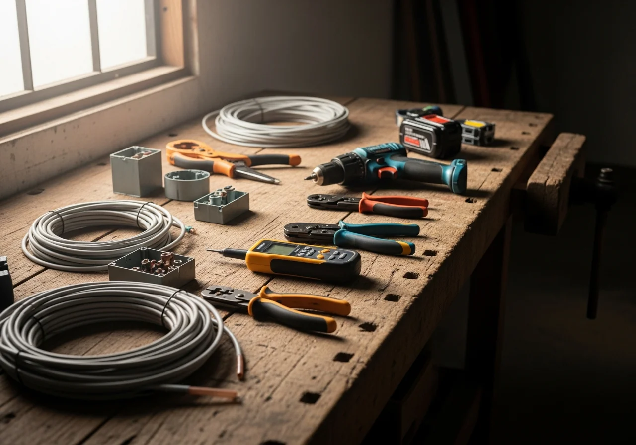 Electrician's tools and equipment organized on a workbench, ready for service calls.