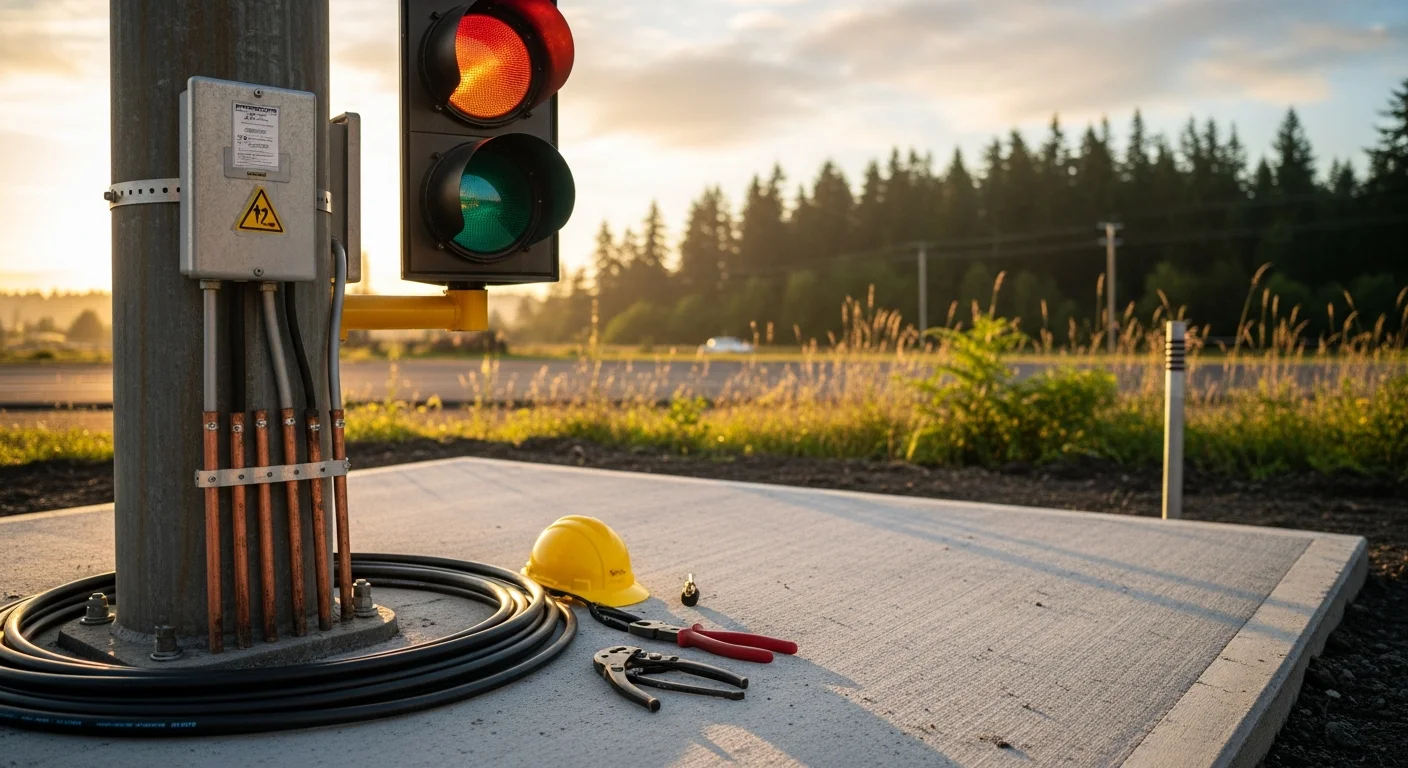 Electrical contractor installing traffic signal equipment