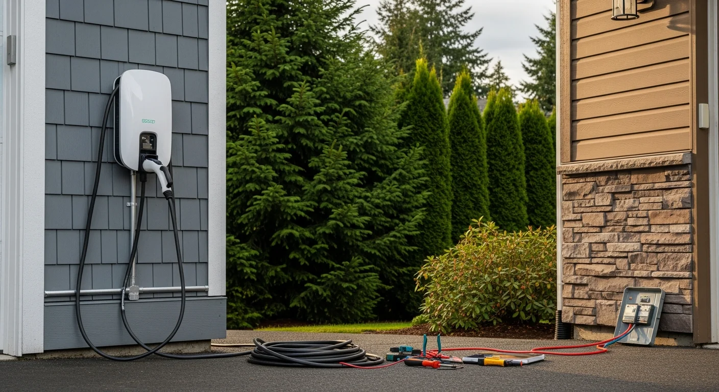 Electrician installing EV charging station at home