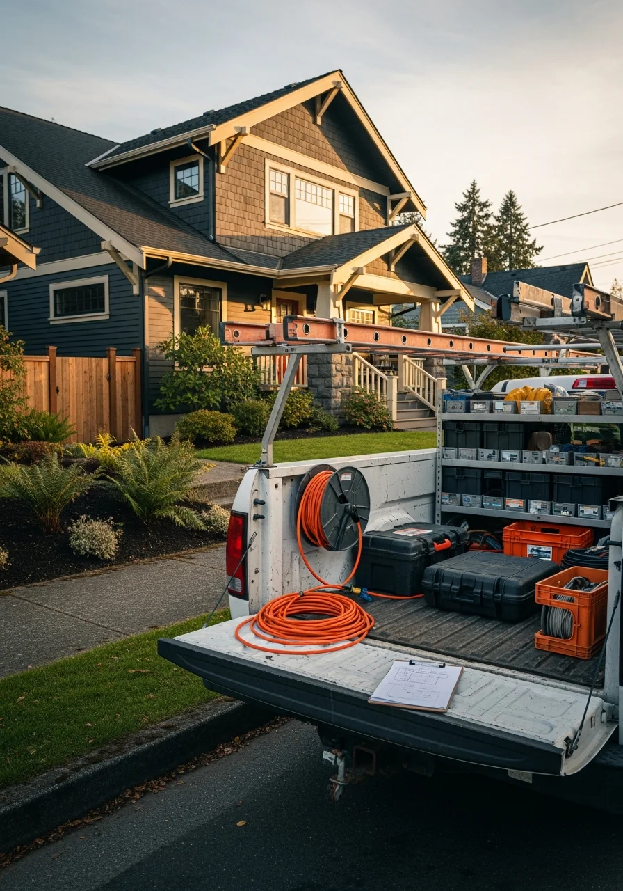 Technician and homeowner shaking hands in front of a Camas-area home.