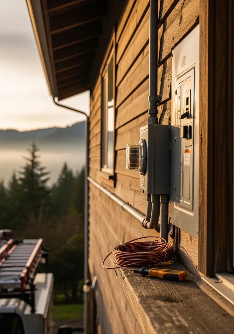 Technician working on a White Salmon-area home with river valley and forest backdrop.