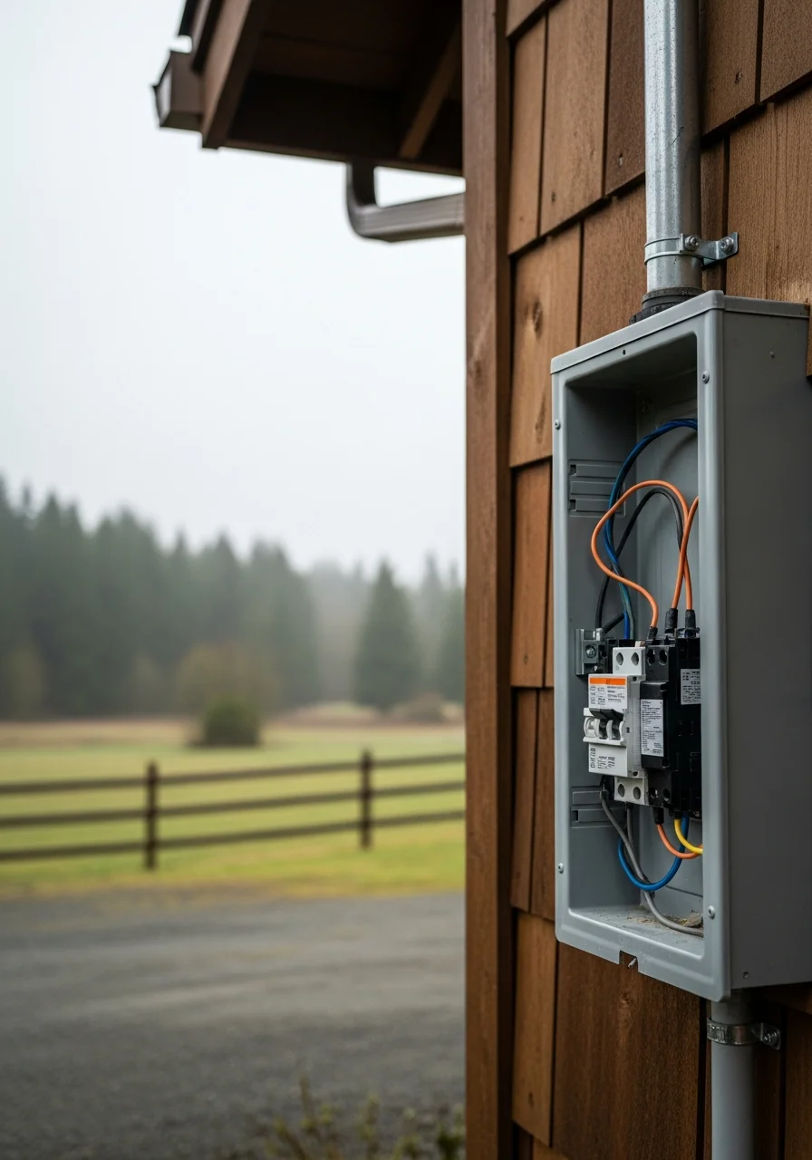 Homeowner and technician reviewing work on a Chehalis-area property with forest backdrop.