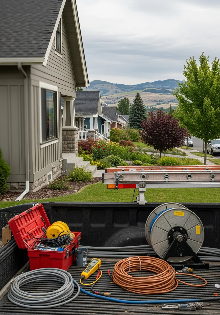Technician and homeowner standing in front of a Spokane-area home with Palouse hills visible.