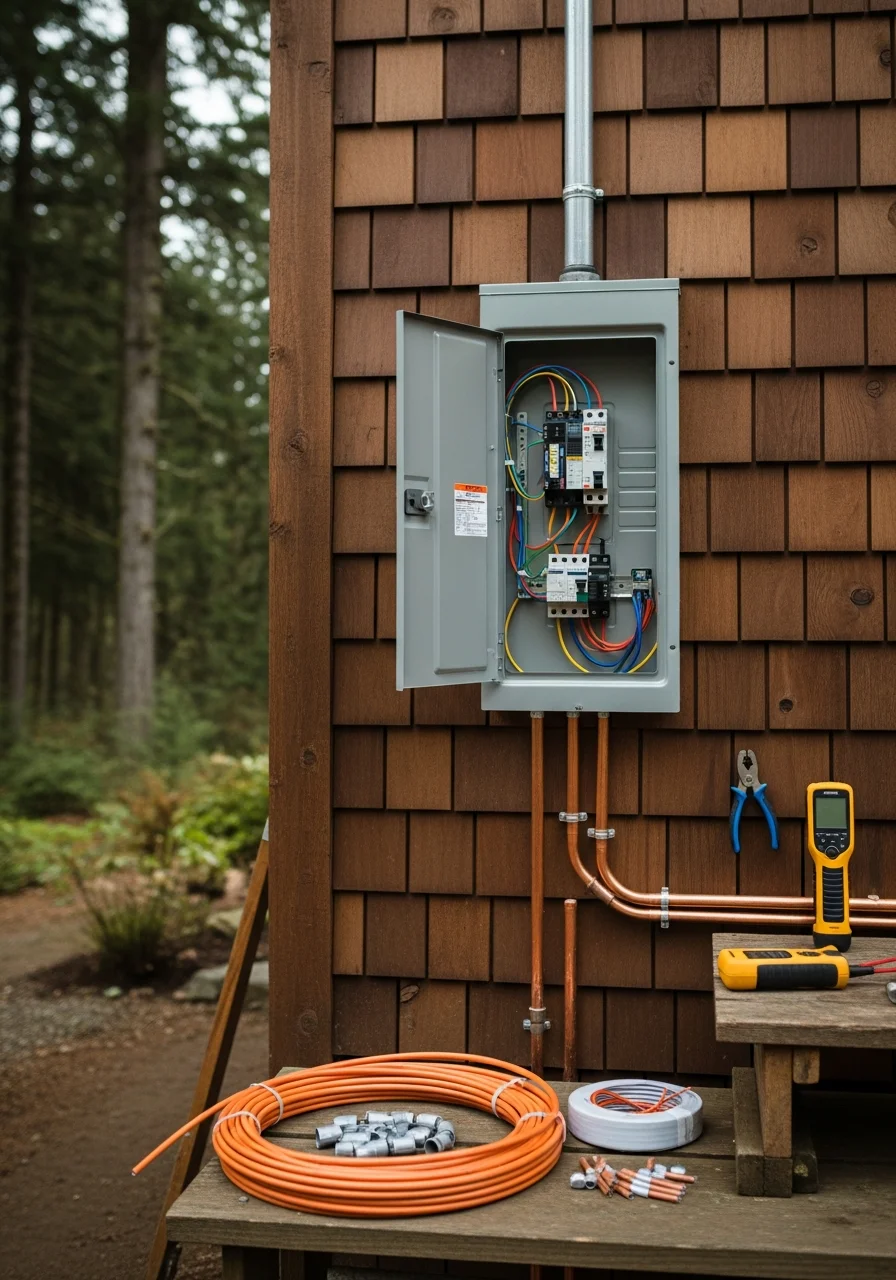Technician and homeowner standing in front of a Stevenson-area home with forest canopy overhead.