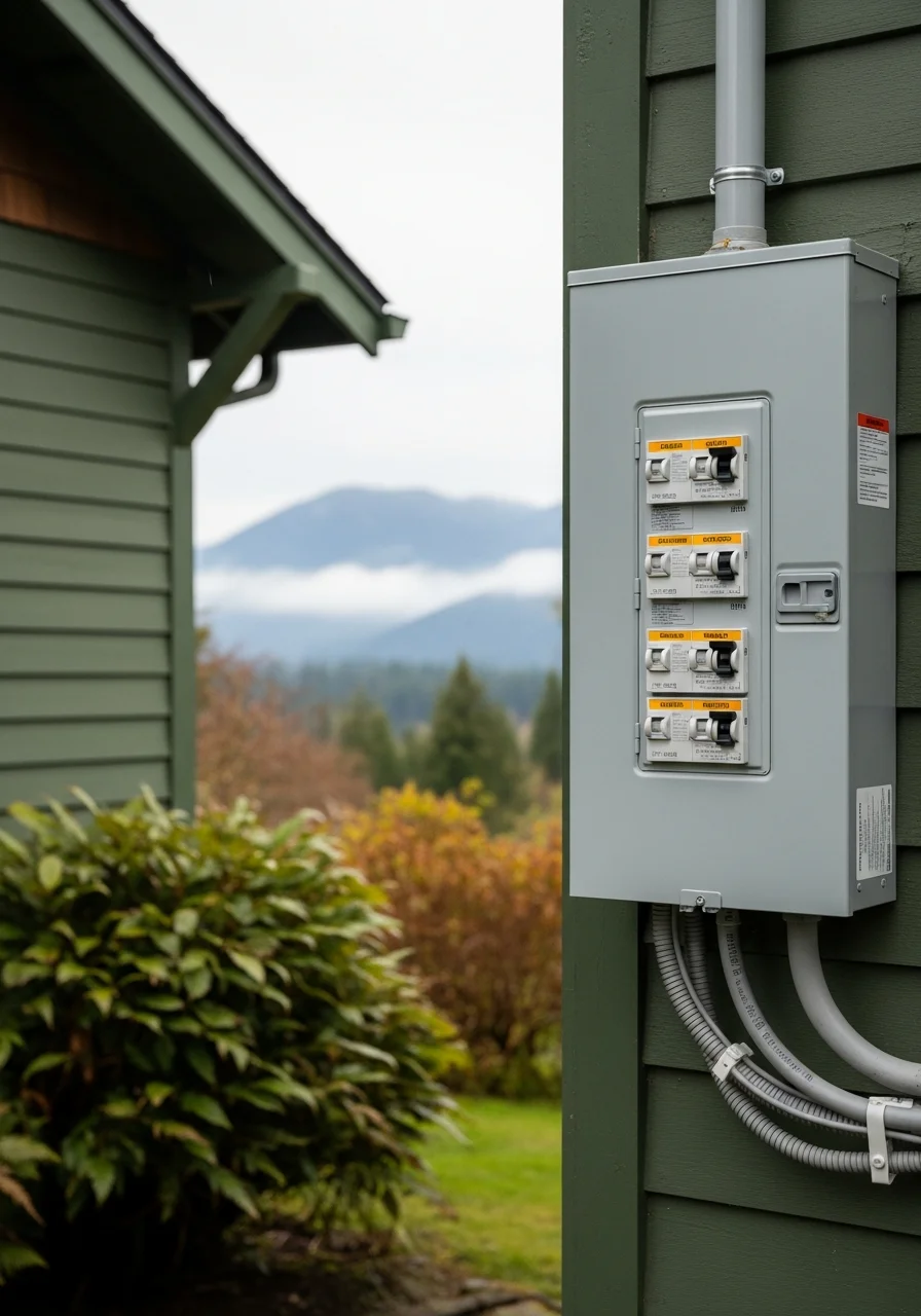 Technician working on a Longview-area home with Cowlitz River valley visible in background.