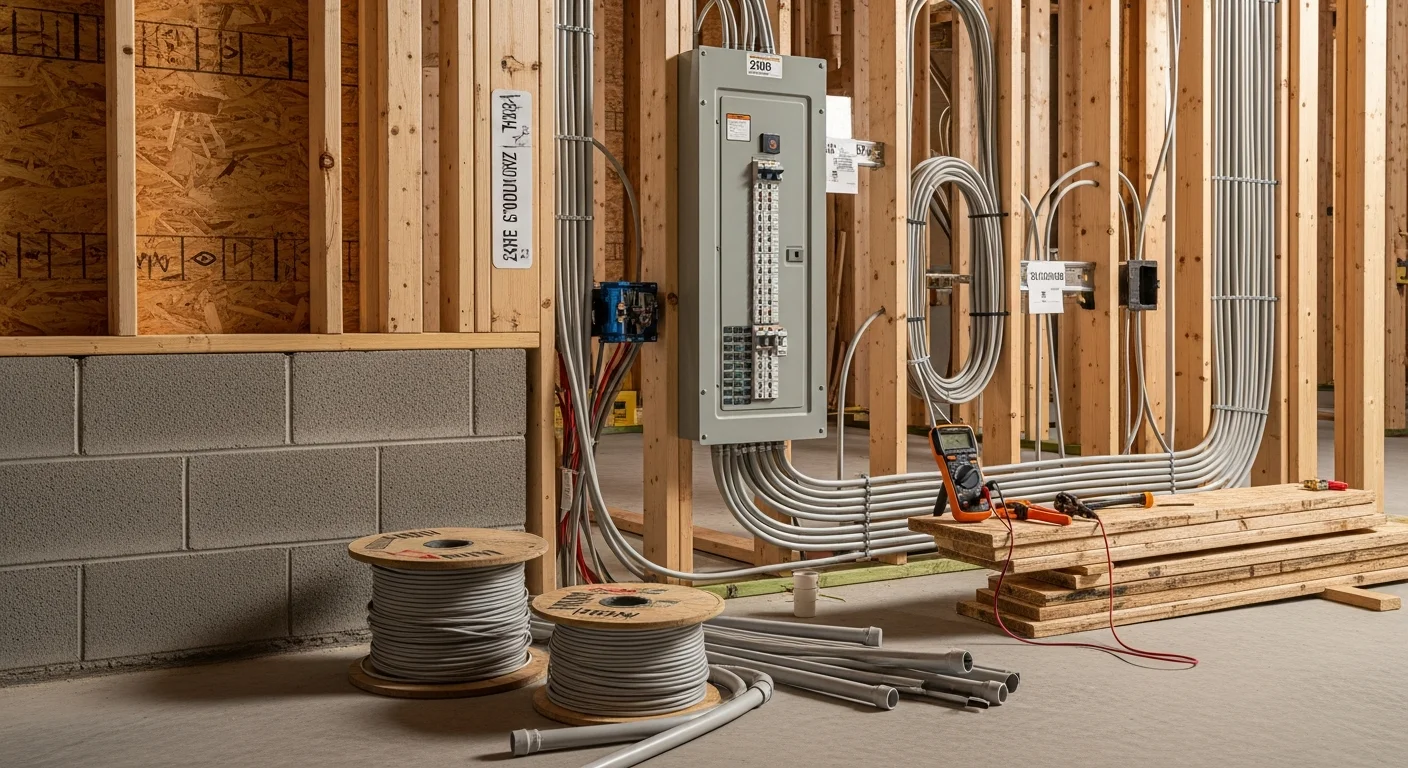 Licensed electricians installing commercial panel and branch circuit wiring inside a multi-tenant office building under construction in Clark County, WA. Exposed conduit runs and a new electrical panel are visible against unfinished walls during the rough-in phase.