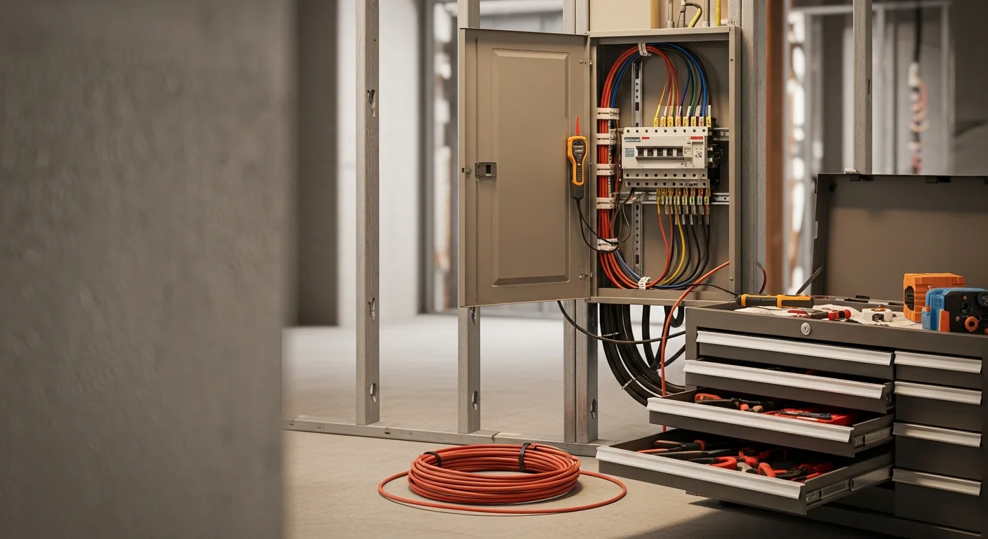 A licensed electrician from Ridgetop Electric inspecting a commercial electrical panel inside an office building in Clark County, WA. The panel is open and the electrician is reviewing circuit breakers in a well-lit utility room.