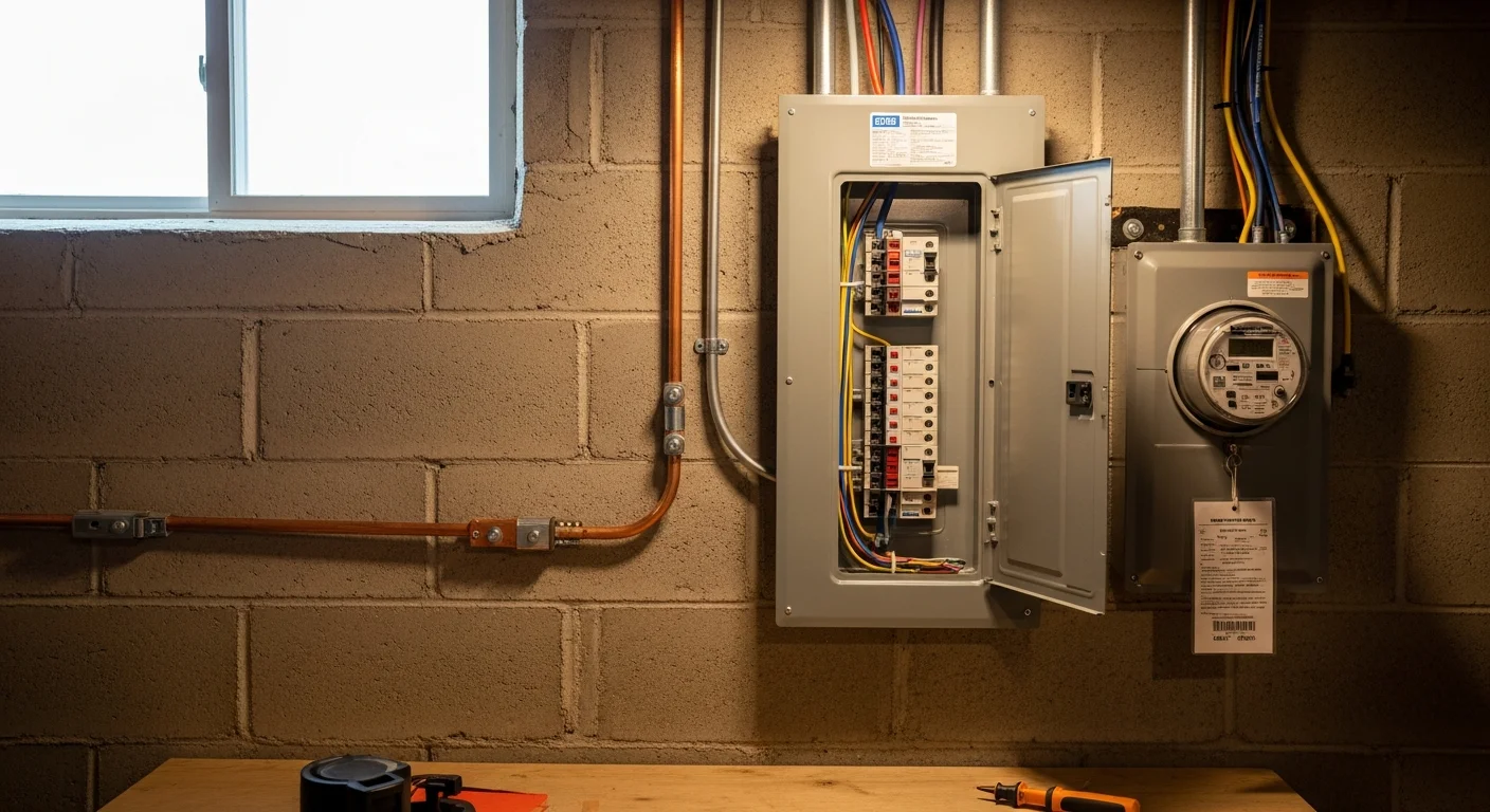 A licensed Ridgetop Electric electrician installing a new residential electrical panel in a Clark County, WA rowhouse. The upgraded panel box is mounted on an interior utility wall with clearly labeled circuit breakers.