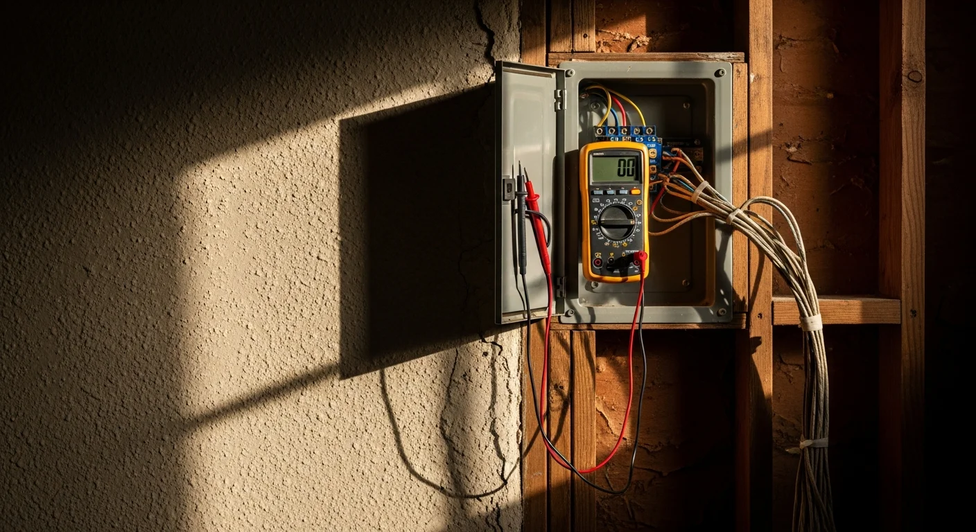 A licensed electrician from Ridgetop Electric testing a residential circuit breaker panel inside a Clark County, WA rowhouse. The technician uses a diagnostic meter to trace a fault in the home's wiring.