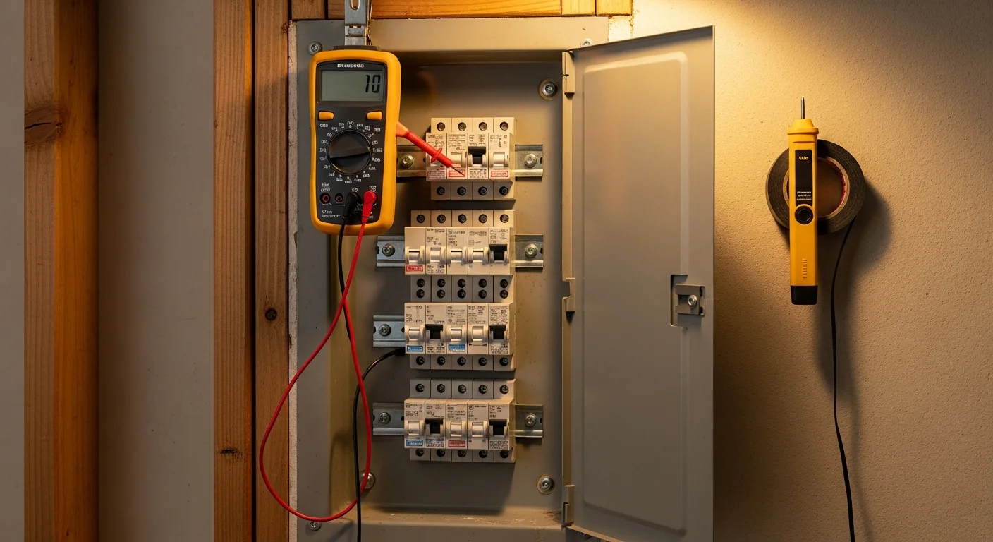 A licensed electrician from Ridgetop Electric inspecting an electrical panel inside a Clark County, WA home. The panel cover is open and the electrician is using a testing tool to check circuit connections.