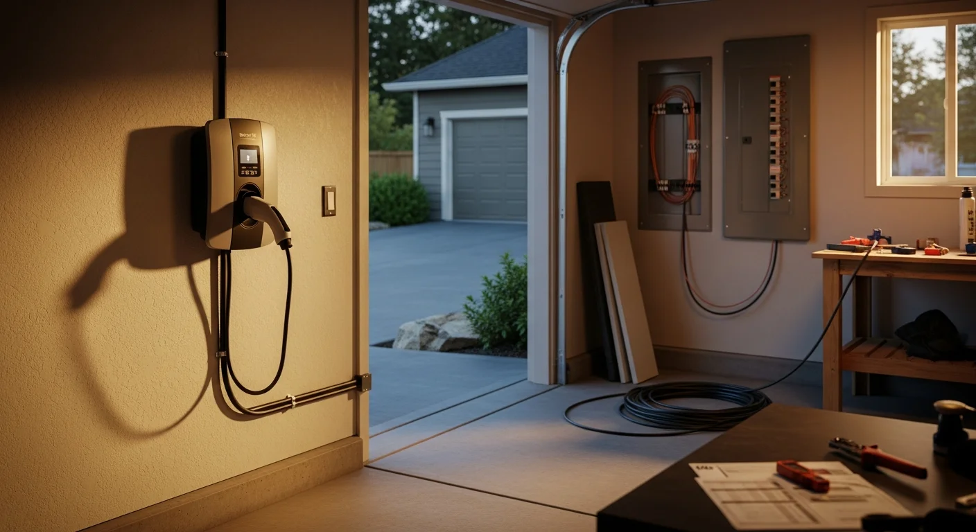 A Level 2 EV charging station mounted on the interior wall of a residential garage in Clark County, WA, with clean conduit running to an electrical panel. A licensed electrician from Ridgetop Electric performs a final safety check on the newly installed unit.