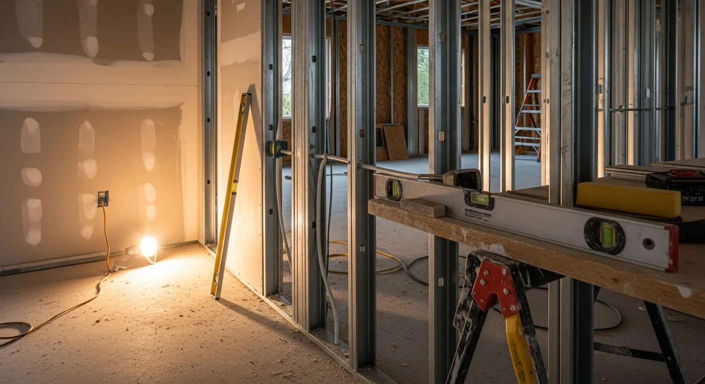 A renovated interior of a brick rowhouse in Clark County, WA showing updated framing, fresh drywall, and coordinated electrical and plumbing rough-in work. A general contractor reviews the scope on-site during an active residential renovation.
