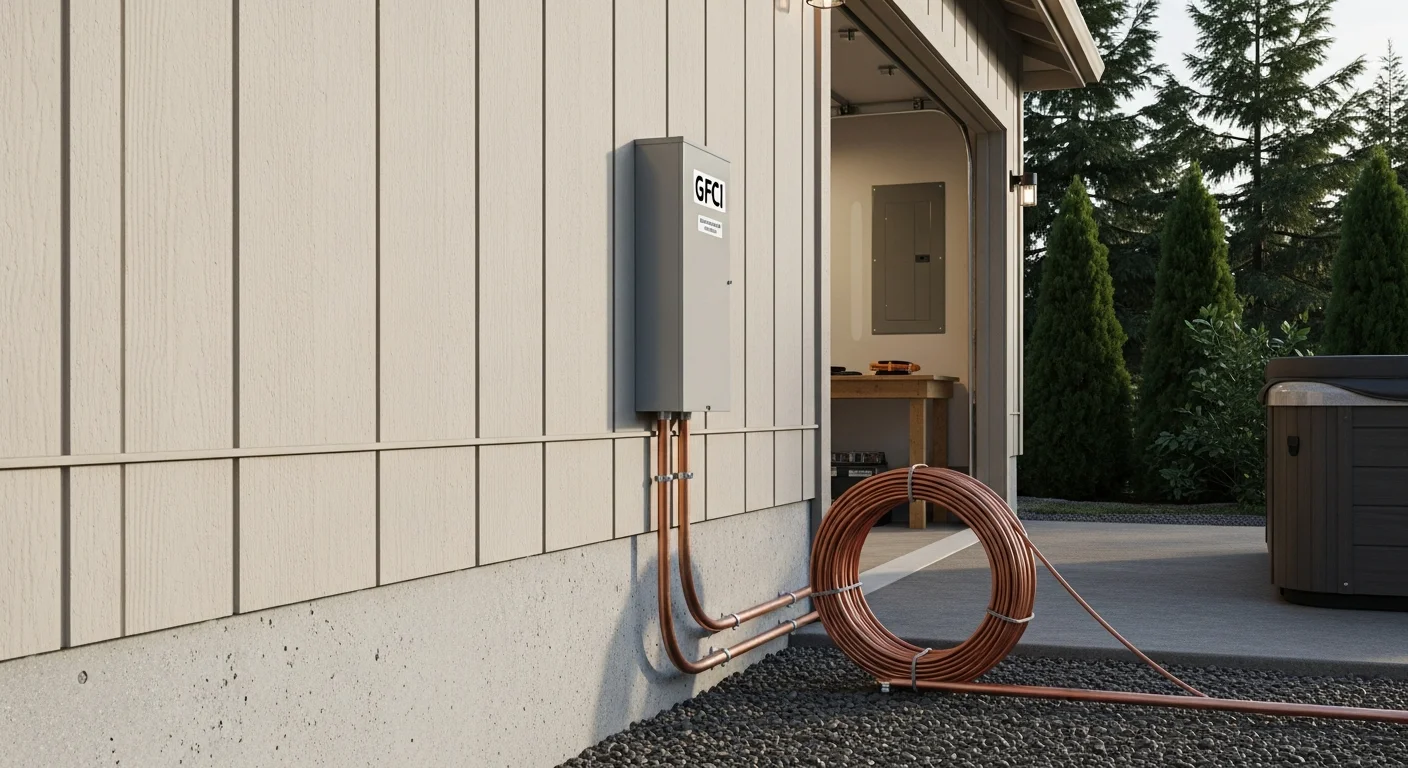 A licensed electrician from Ridgetop Electric installing a weatherproof GFCI disconnect box beside a backyard hot tub at a residential property in Clark County, WA. Conduit runs from the disconnect along the exterior wall toward the home's main electrical panel.