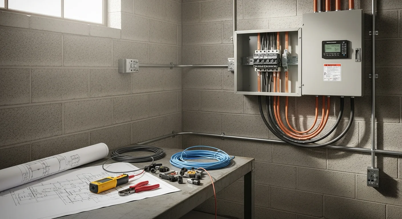 An industrial electrical panel with organized three-phase wiring and labeled circuit breakers inside a warehouse facility in Clark County, WA. A licensed electrician from Ridgetop Electric inspects the motor control center connections during a service upgrade.