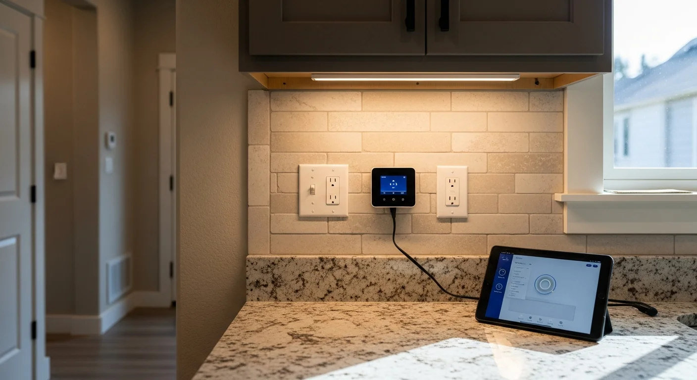 A licensed electrician from Ridgetop Electric installing recessed LED lighting in the living room of an older Clark County, WA home. The finished ceiling shows clean, evenly spaced fixtures with updated wiring and a new dimmer switch on the wall.