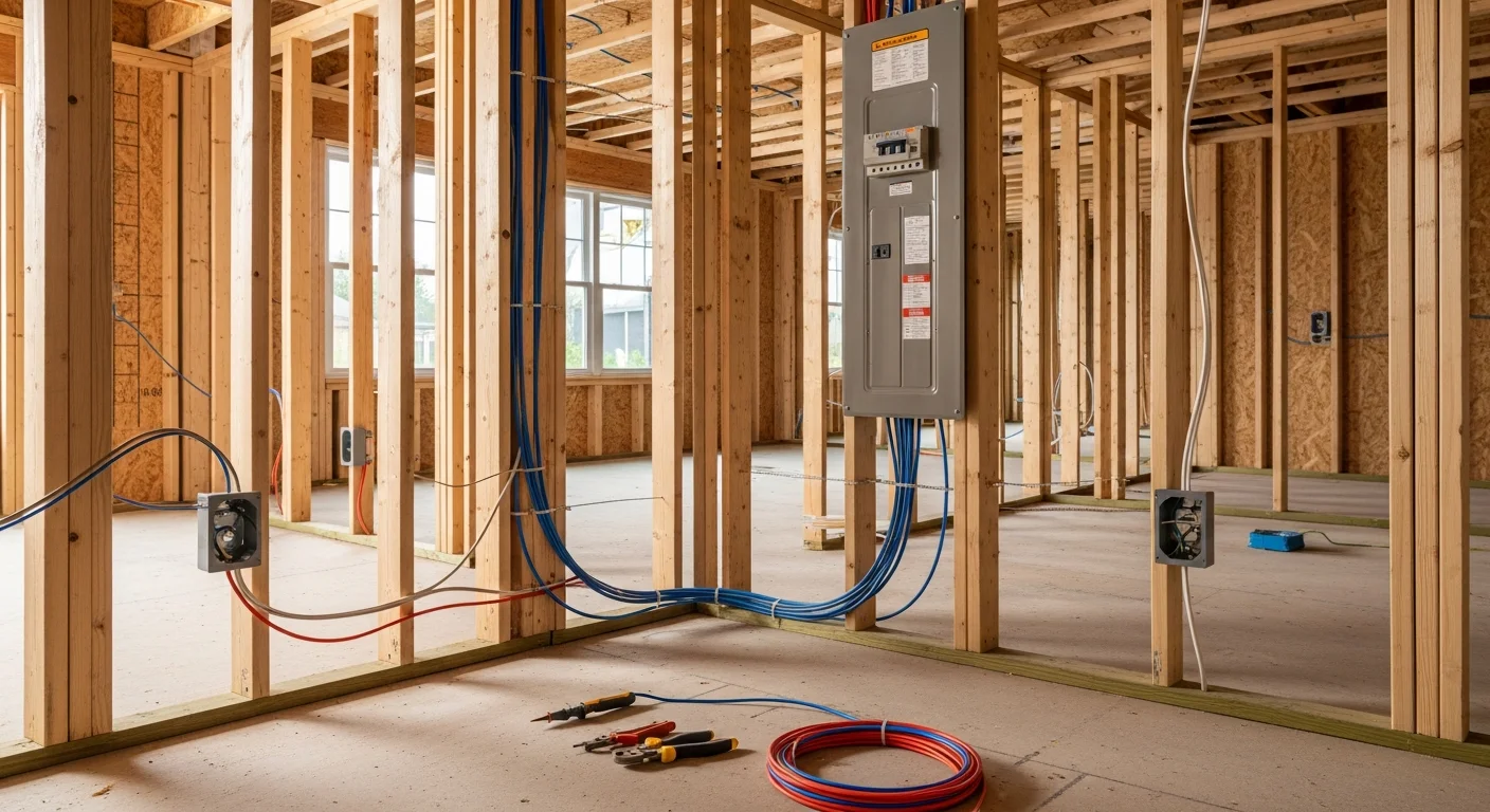 Licensed electrician installing branch circuit wiring inside the open wall framing of a new residential build in Clark County, WA. Electrical panel and labeled circuit runs visible in the background of an unfinished room.