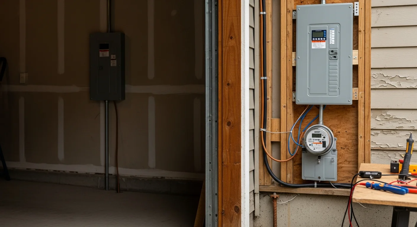 A newly installed electrical service panel with labeled circuit breakers mounted on a utility wall inside a Clark County, WA residential home. The upgraded meter base and service cable connection are visible outside the home's exterior wall.