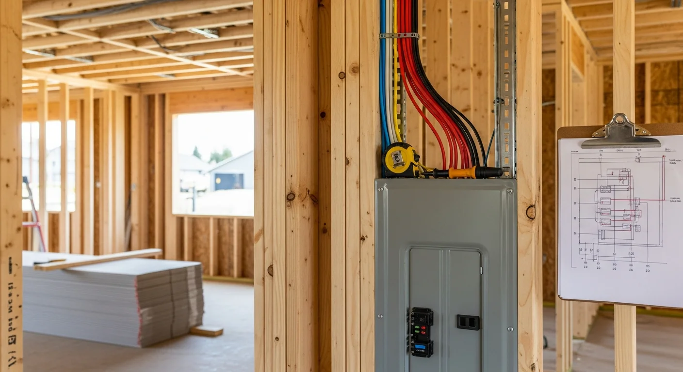 Licensed electrician installing rough-in wiring and circuit breaker panel inside a new residential construction frame in Clark County, WA. Exposed wall studs and conduit runs visible with a service panel mounted to framing.
