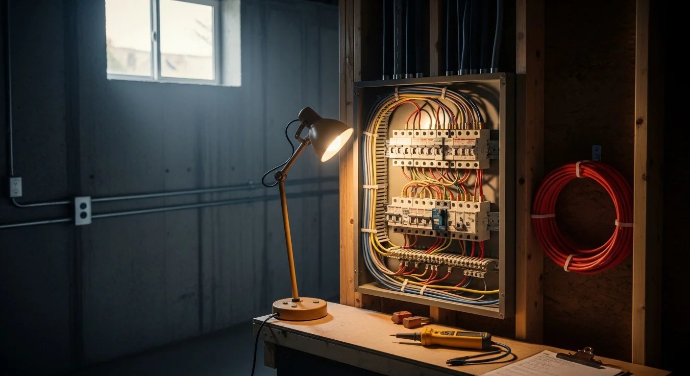 A licensed Ridgetop Electric electrician inspecting a residential electrical panel inside a home in Clark County, WA. The panel box is open, showing circuit breakers being evaluated for capacity and safety.