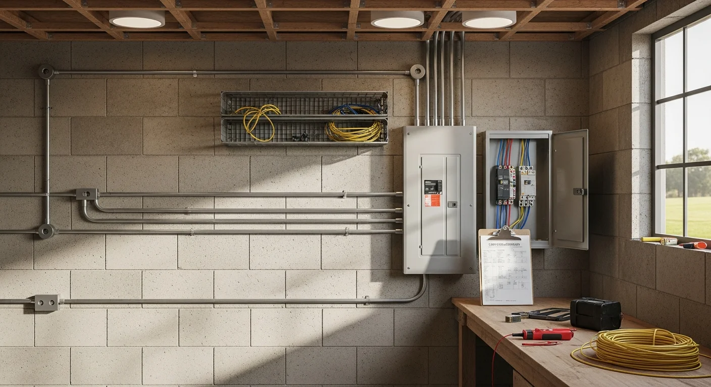 A licensed electrician from Ridgetop Electric installing a commercial electrical panel inside a shop space in Clark County, WA. Conduit runs and branch circuit wiring are visible along the framed walls of the commercial build.