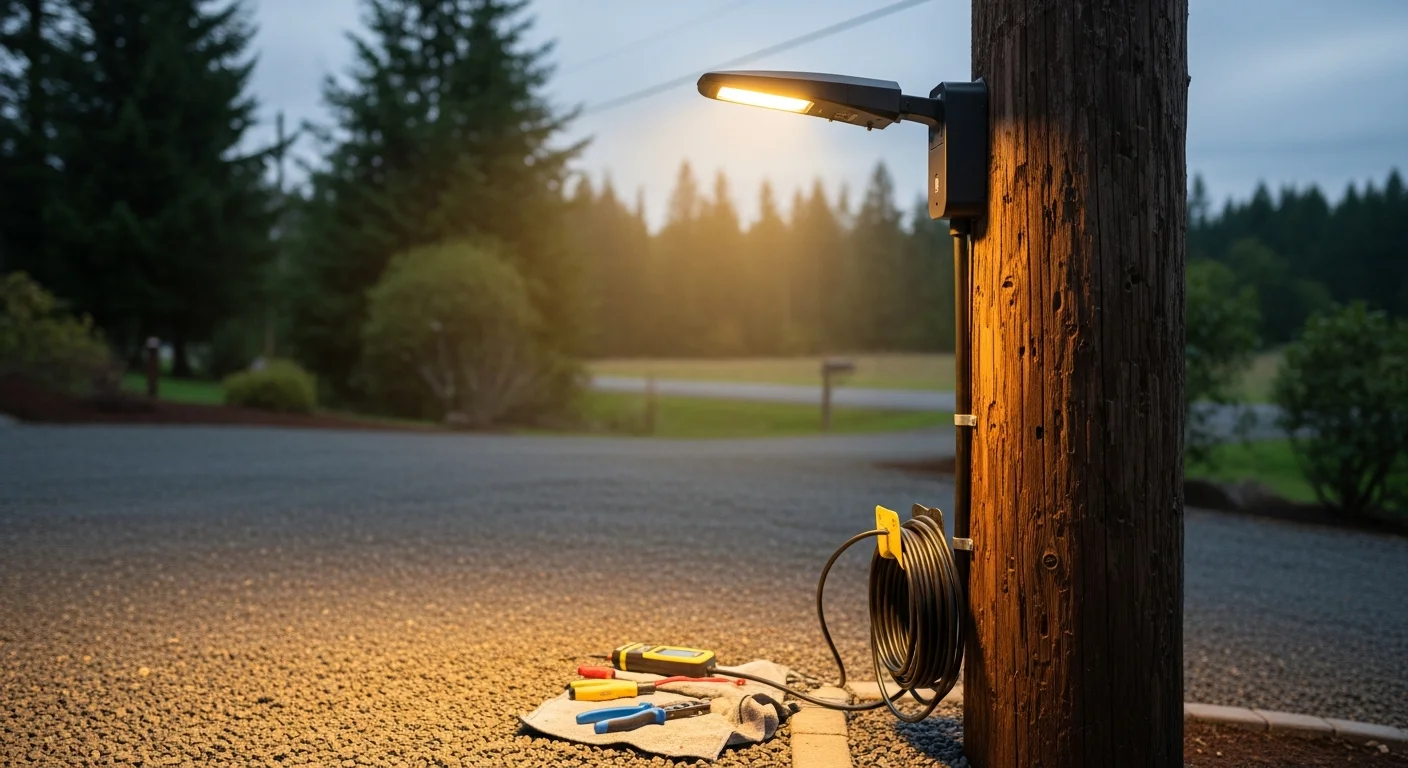 A newly installed LED streetlight pole illuminating a private parking area on a residential block in Clark County, WA. The fixture casts even downward light across the paved surface with a brick rowhouse visible in the background.