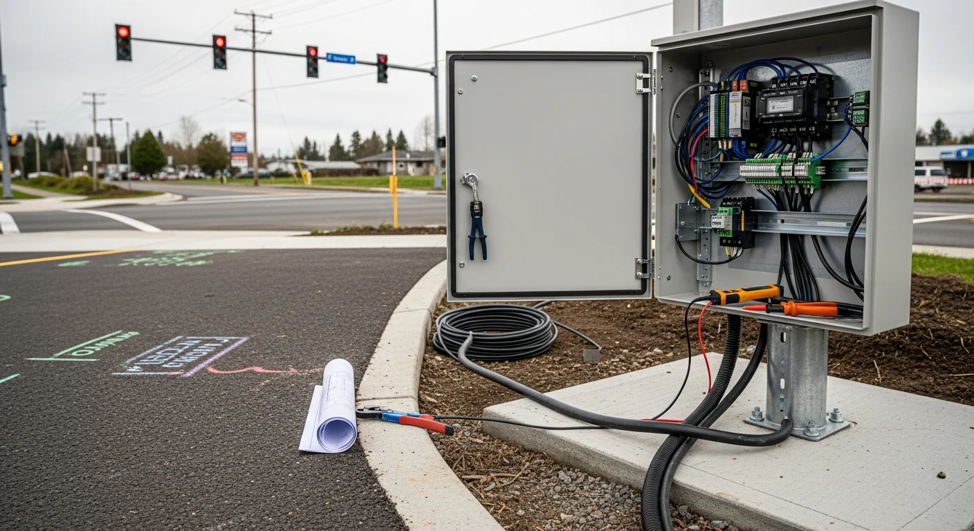 A licensed electrician from Ridgetop Electric wiring a traffic signal controller cabinet at a signalized intersection in Clark County, WA. Conduit runs and signal cable are visible at the base of the signal pole alongside an active urban roadway.