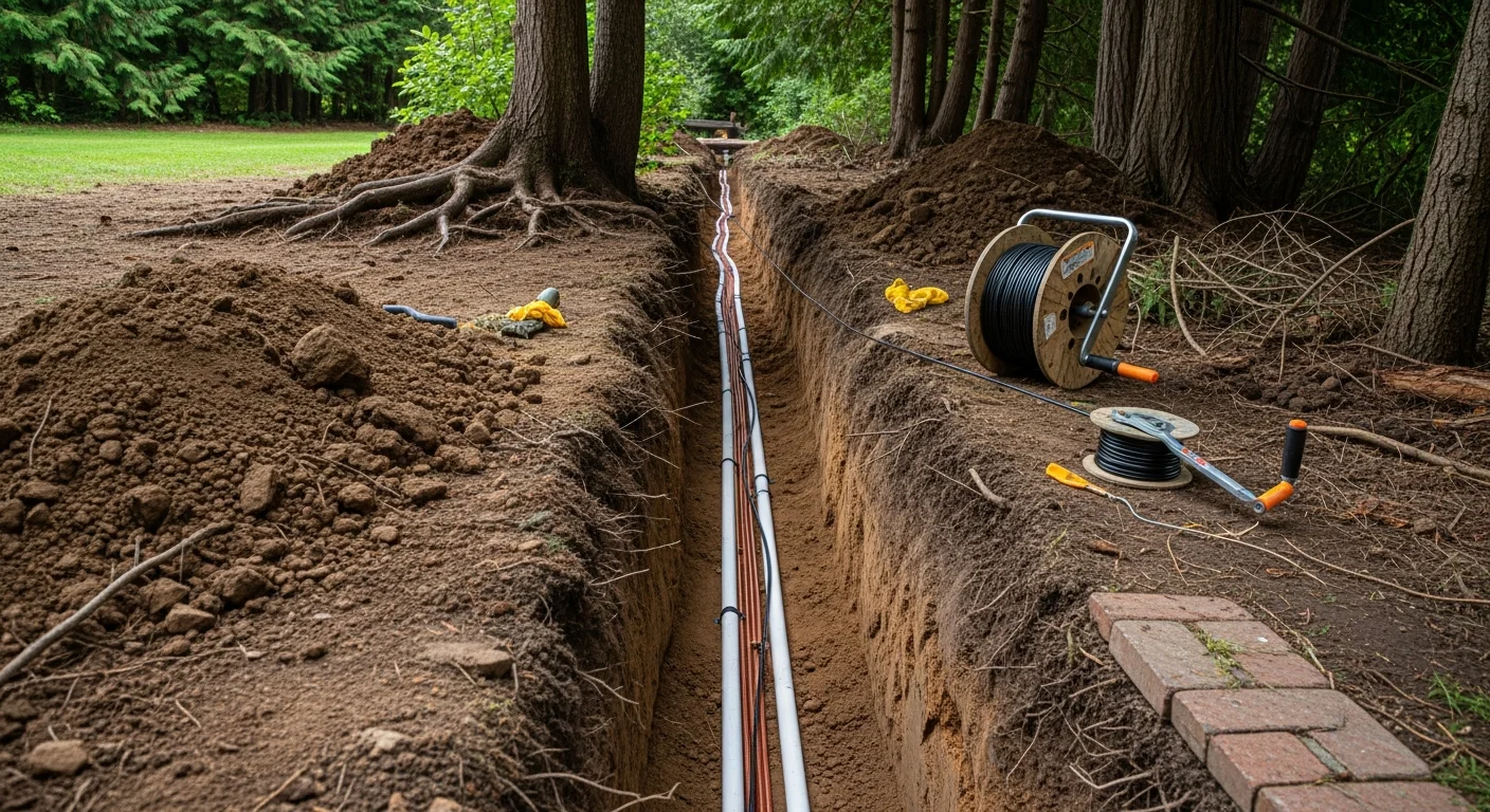 A licensed electrician backfilling a trench with buried electrical conduit running from a residential meter base toward a detached structure on a Clark County, WA property. The trench shows properly laid conduit with warning ribbon visible above it before final soil cover.